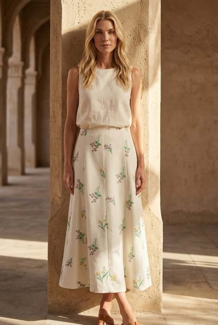 Anne Fernandes Premium Collection Floral Embroidered Midi Skirt Size L